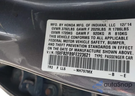 2015 Honda Civic Ex из США, поврежденный, VIN 19XFB2F89FE223621